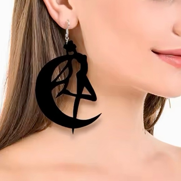 Oversized Sailor Moon Crescent Black Earrings | Kawaii 90s Retro Anime Jewelry - Picture 7 of 9